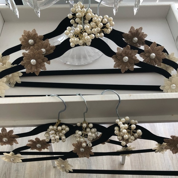 New handcrafted Pearl flower velvet black cream tan hangers closet ur clothes